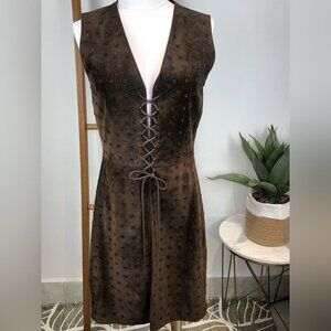 Prada Vintage Brown Suede Leather & Metal Grommet Lace Up Long Vest M